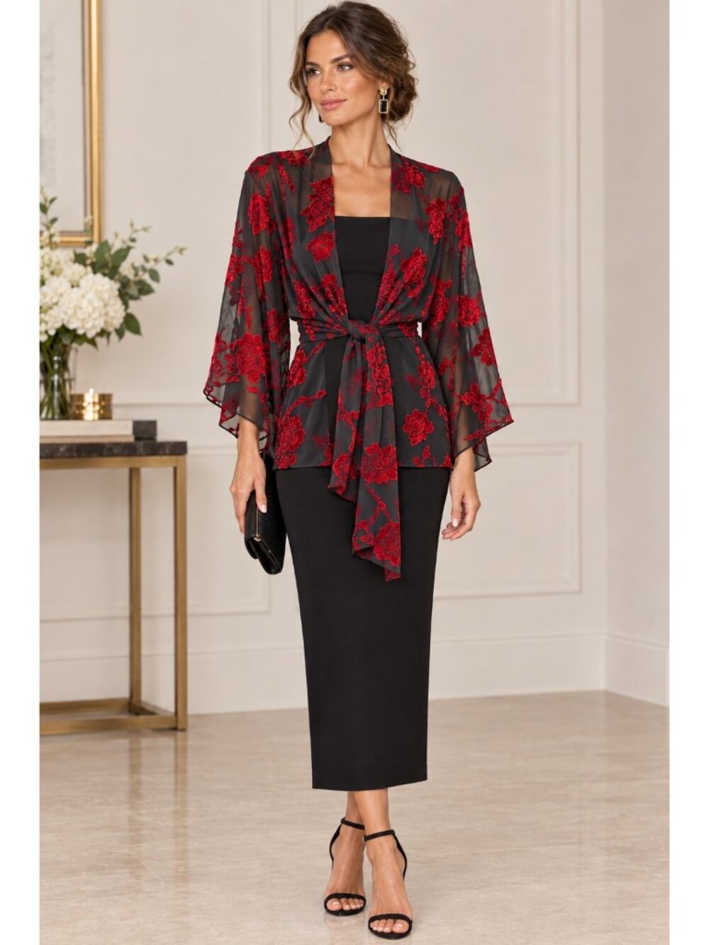 Sheer Black Red Rose Floral Velvet Kimono Cover Up Tie Front Boho Gothic L